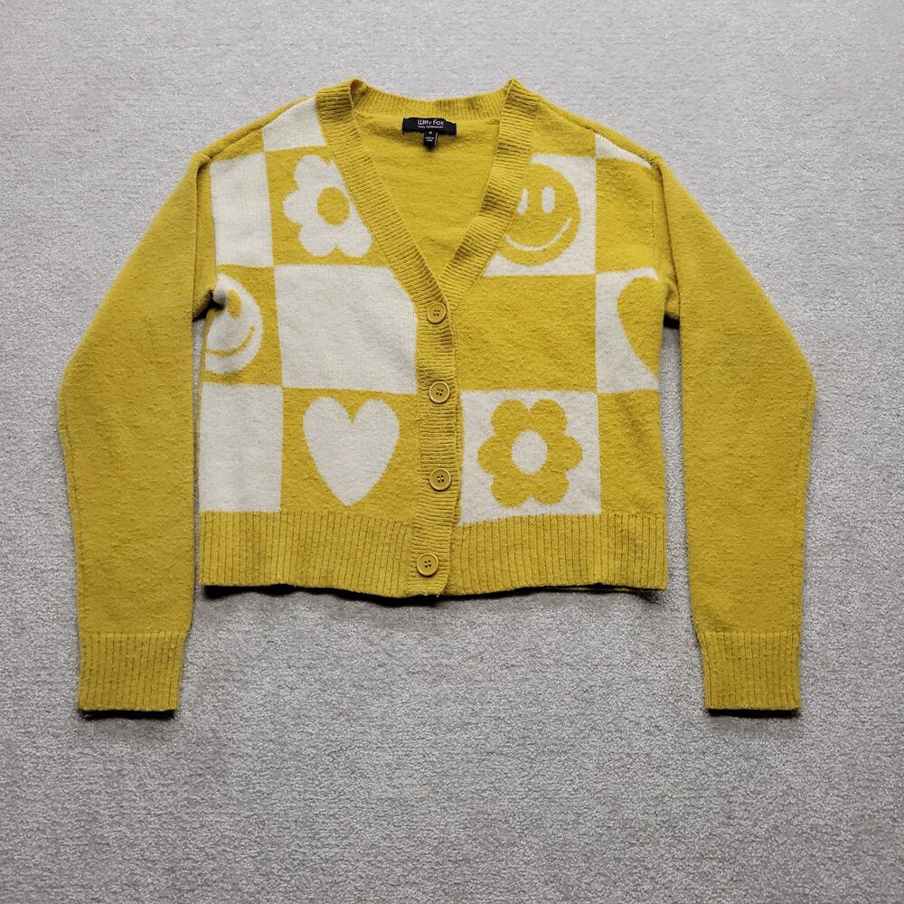 Witty Fox Cardigan Sweater Womens Medium Yellow Smiley Heart Daisy Checker